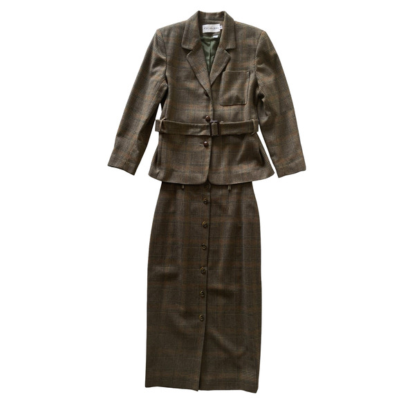 JH Collectibles Wool Plaid Belted Blazer Skirt Set Size 10 Vintage Brown Check - Picture 1 of 13